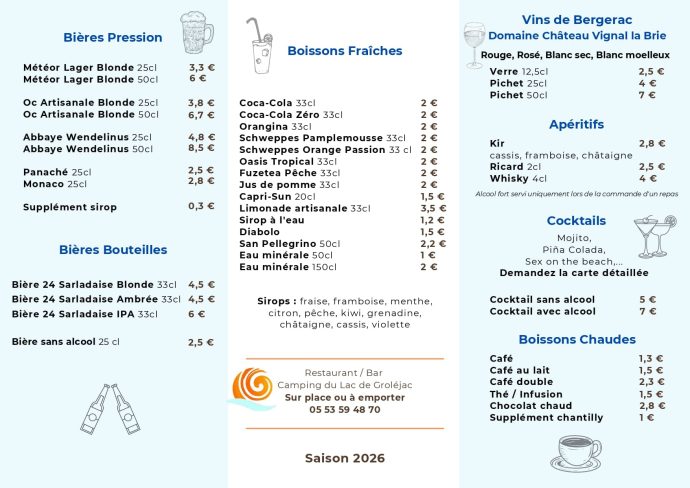 Carte du Bar du Camping du lac de Grolejac en Dordogne en Français